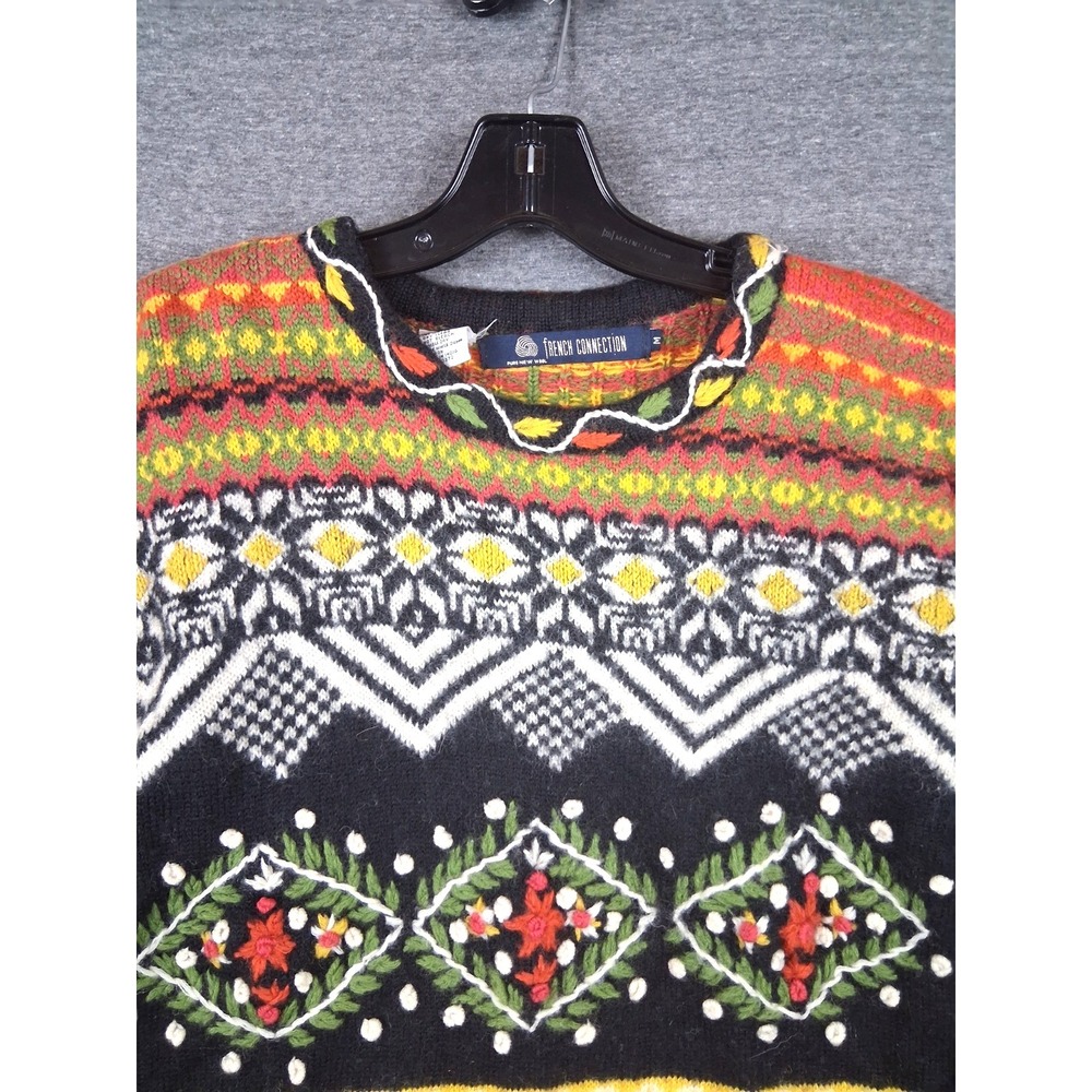 French Connection Womens Sweater Medium Black Orange Fall Embroidered Floral